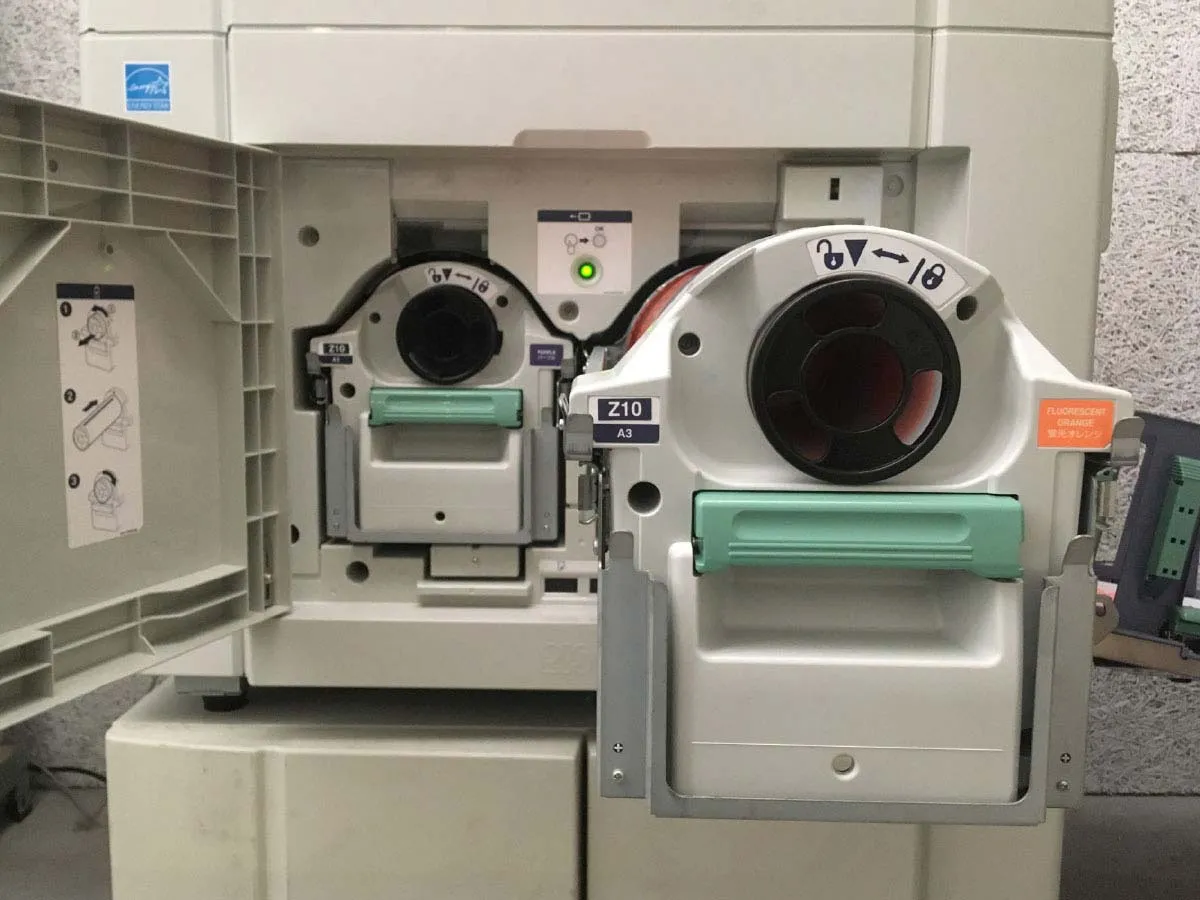 Closeup of the color drums of the Riso machine